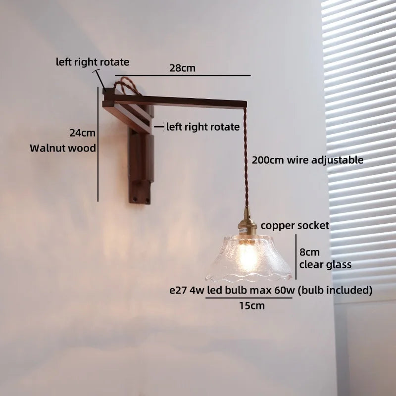 Axyaa Clear Glass LED Wall Sconce with Arm, Black Walnut Wood Stair Light