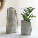 Axyaa Triangle Wrinkle Ceramic Vase for Desk Decoration and Floral Arrangement