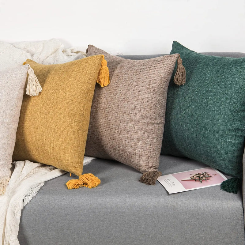 45x45cm Yellow Linen Cushion Cover Boho Chic Decorative Throw Pillow Cover for Sofa - Axyaa