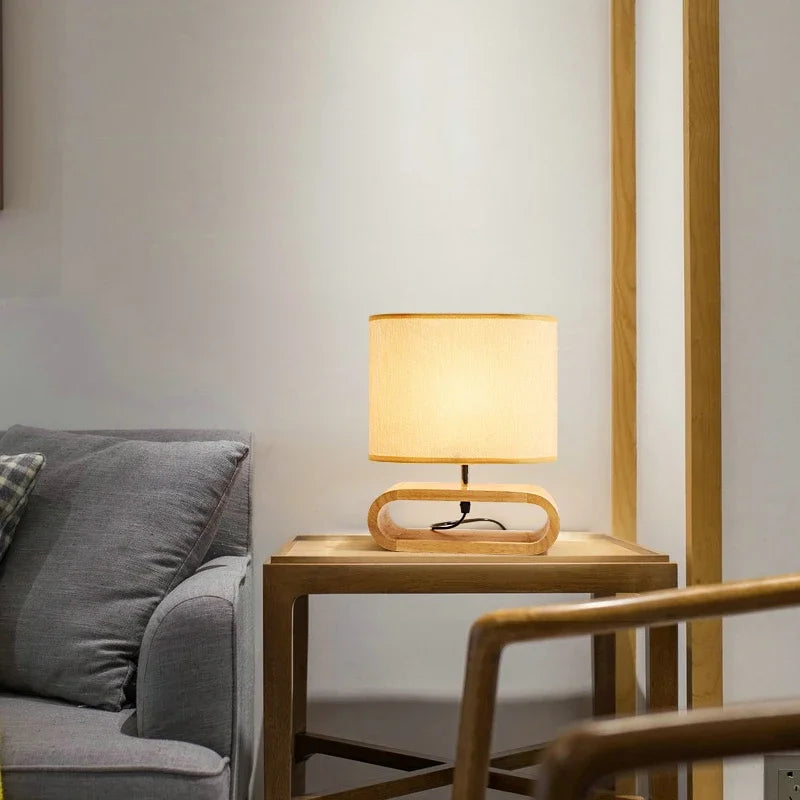 Axyaa Nordic Wooden LED Table Lamp with Linen Lampshade