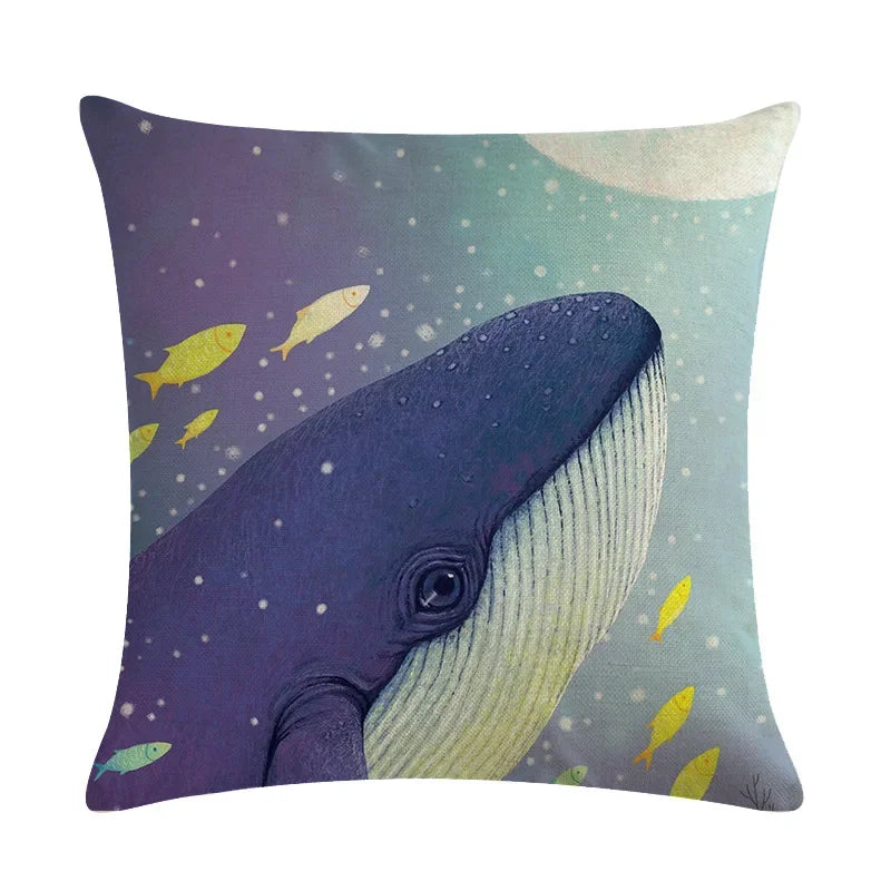 Whale Print Linen Pillowcase for Home and Office Decor by Axyaa