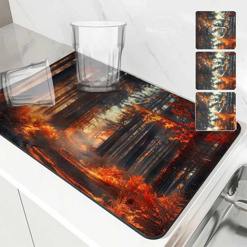 Autumn Scenery Kitchen Absorbent Draining Mat by Axyaa - Quick Dry Dish Drying Mat