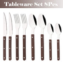 Axyaa Stainless Steel Wooden Handle Cutlery Set - 16Pcs Flatware Steak Knife Fork Spoon