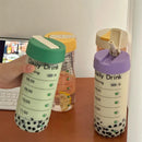 Axyaa 700ml Glass Water Bottle with Time Marker, Straw Infuser, BPA-Free - Cute, Portable Drinking Bottle