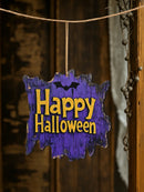 Axyaa Happy Halloween Wooden Hanging Sign with Bat Design in Purple & Yellow