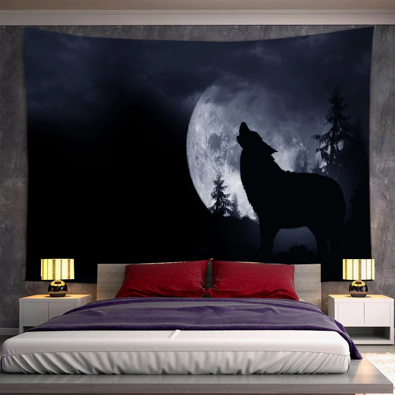 Axyaa Psychedelic Moon Wolf Wall Hanging Tapestries for Home Decor