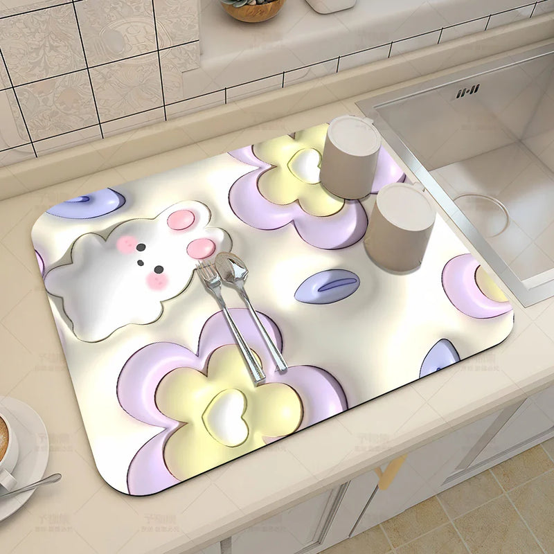 Axyaa 3D Visual Effect Drain Mat - Absorbent, Non-Slip, Anti-Mildew Kitchen Tableware Mat