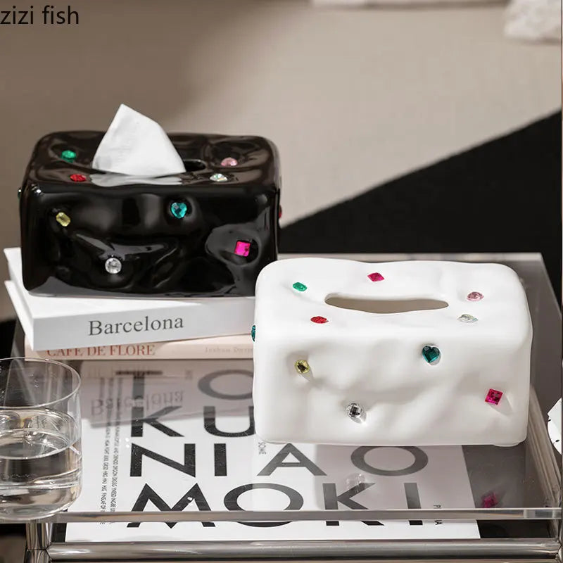Gemstone-Set Ceramic Tissue Box & Cartoon Crystal Toilet Paper Holder by Axya for Desktop Organization