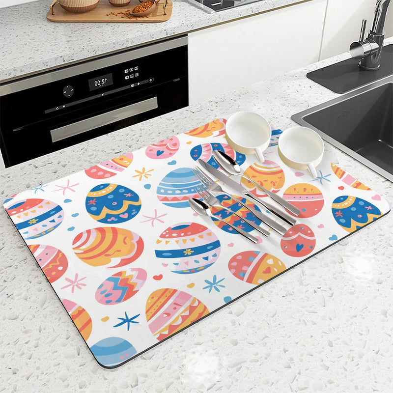 Axyaa Easter Egg Plants Absorbent Rubber Backed Drying Mat for Kitchen & Bathroom