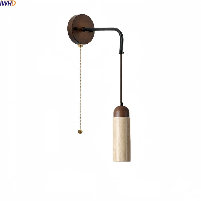 Axyaa Yellow Travertine Stone LED Wall Lamp Interior Wabi Sabi Pull Chain Switch