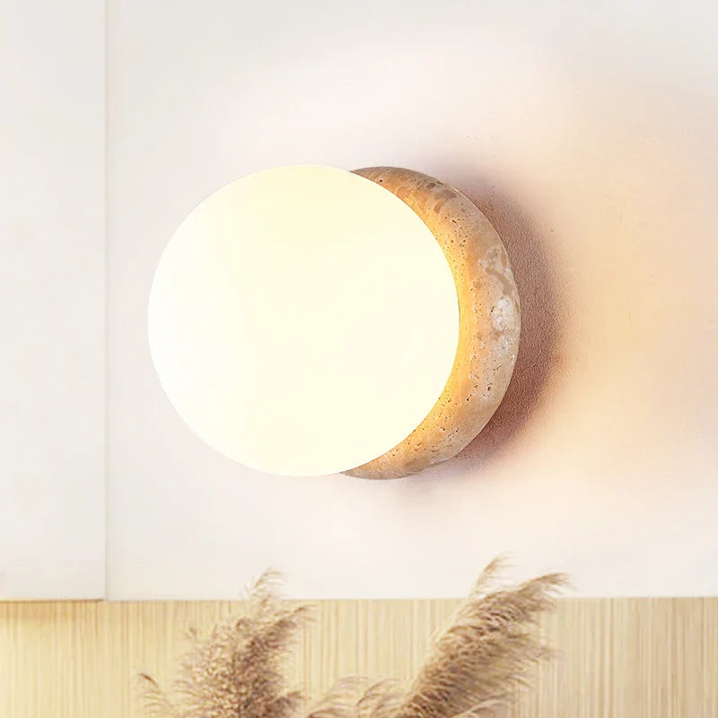Axyaa Nordic LED Wall Sconce White Glass Yellow Travertine Decor - Bedroom Bathroom Stair Lights
