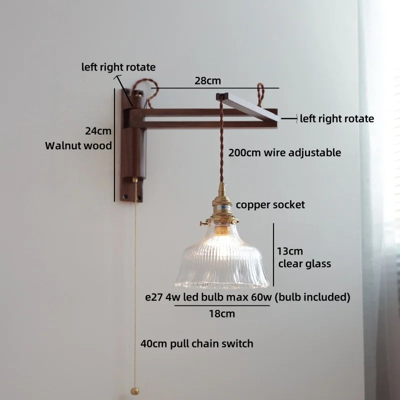 Axyaa Clear Glass LED Wall Sconce with Arm, Black Walnut Wood Stair Light