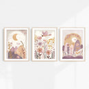 Boho Flowers Sun Moon Wall Art Canvas Print Set by Axyaa