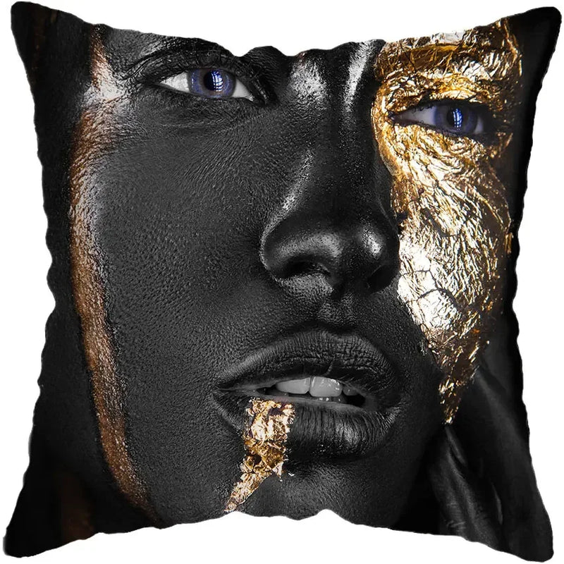 Axyaa Black Gold African Lady Woman Art Deco Pillowcase