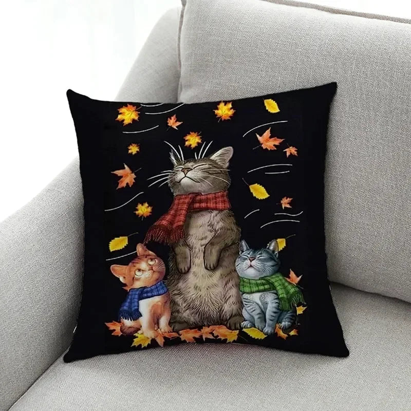 Axyaa Cat Print Linen Pillowcase 45x45cm Home Decor Cushion Cover