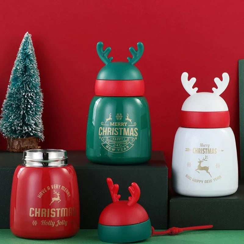 Axyaa Cartoon Antler Stainless Steel Thermos Cups: Festive Couple Cups for Christmas, New Year.