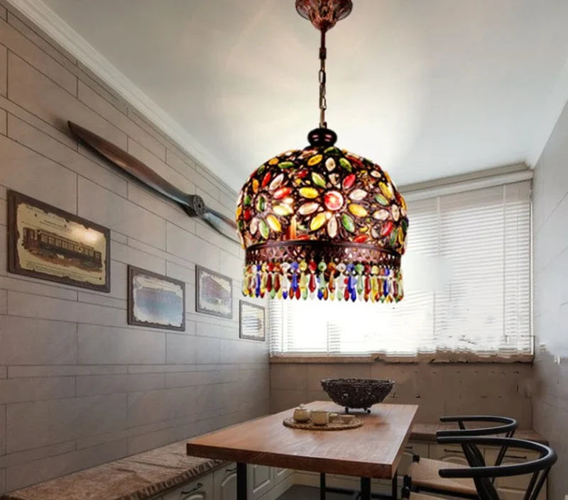 Axyaa Crystal Chandelier: Bohemian Stained Glass Hanging Lamp for Home Bar