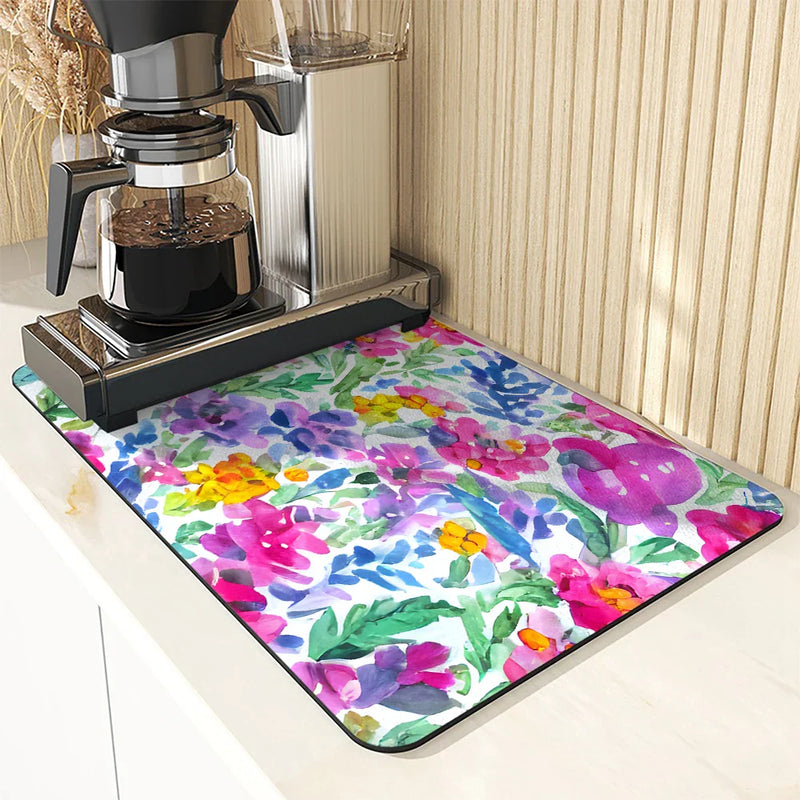 Axyaa Watercolor Plants Coffee Cup Drying Mat, Non-Slip Absorbent Kitchen Drain Mat