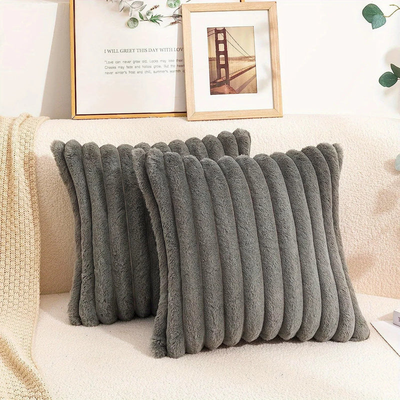 Axyaa Pink Striped Faux Fur Cushion Cover 18x18in for Home Decor