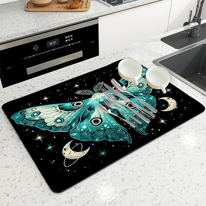 Axyaa Moon Moths Drain Pad: Non-slip Dish Drying Mat for Kitchen Counter