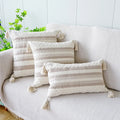 Ivory Brown Coffee Black Stripe Pillow Case with Tassels - Axyaa Brand