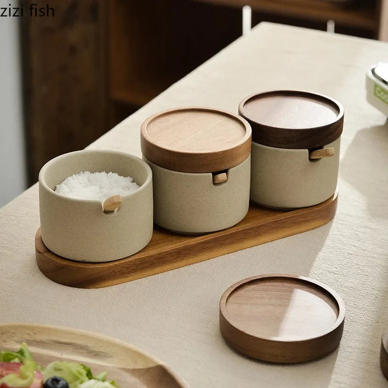 Axya Ceramic Spice Jar Set with Wooden Cover for Kitchen Seasoning