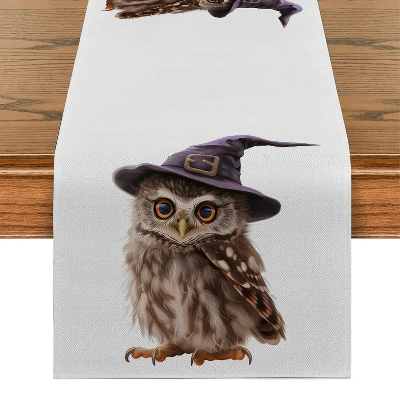 Axyaa Halloween Owl Wizard Hat Table Runner - Elegant Home Dining Decor