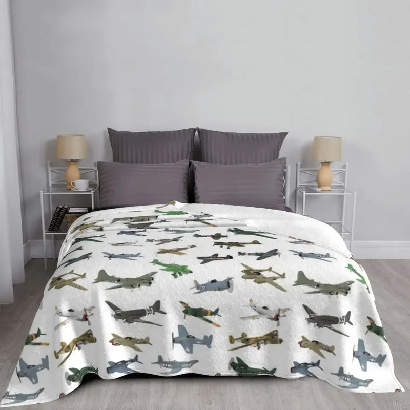 Luxury Axyaa WW2 Airplanes Throw Blanket - Warm, Fluffy Decor for Aviation Enthusiasts