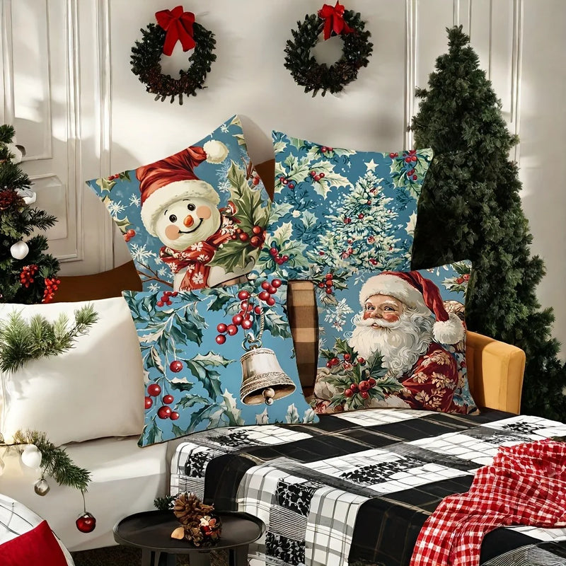 Axyaa Christmas Pillowcase with Retro Santa Claus Snowman Print