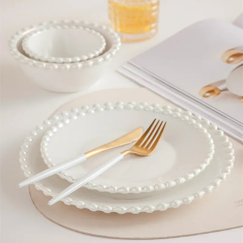 Axya Ceramic Pearl Shell Edge Round Bowl - Kitchen Tableware - Western Dish