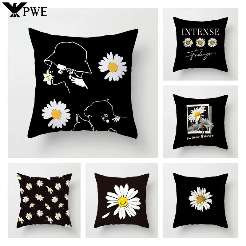 Nordic Daisy Print Pillow Cover by Axyaa - Modern Floral Cushion for Living Room