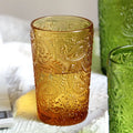 Axyaa Vintage Green Amber Embossed Wine Goblets Heavy Thick Glass Cup Set