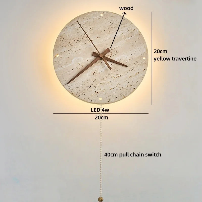 Axyaa Stone Clock LED Wall Light Yellow Travertine Wooden Pointer for Living Room