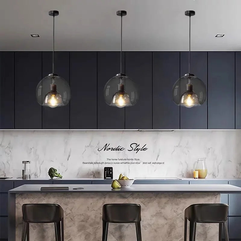 Axyaa Smoke Gray Glass Pendant Lights, Nordic LED Industrial Hanging Lamp