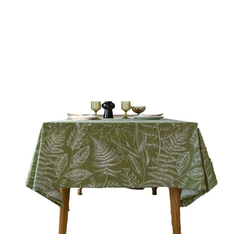 Axya Green Leaf Dining Table Cloth in American Fabric Art, Rectangle Design