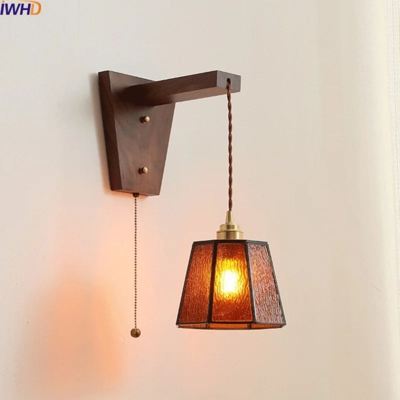 Axyaa Nordic Glass Walnut LED Wall Lights with Pull Chain Switch for Bedroom
