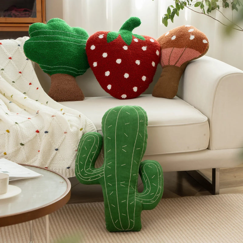 Tufted Mushroom Cactus Strawberry Shape Decorative Pillow by Axyaa