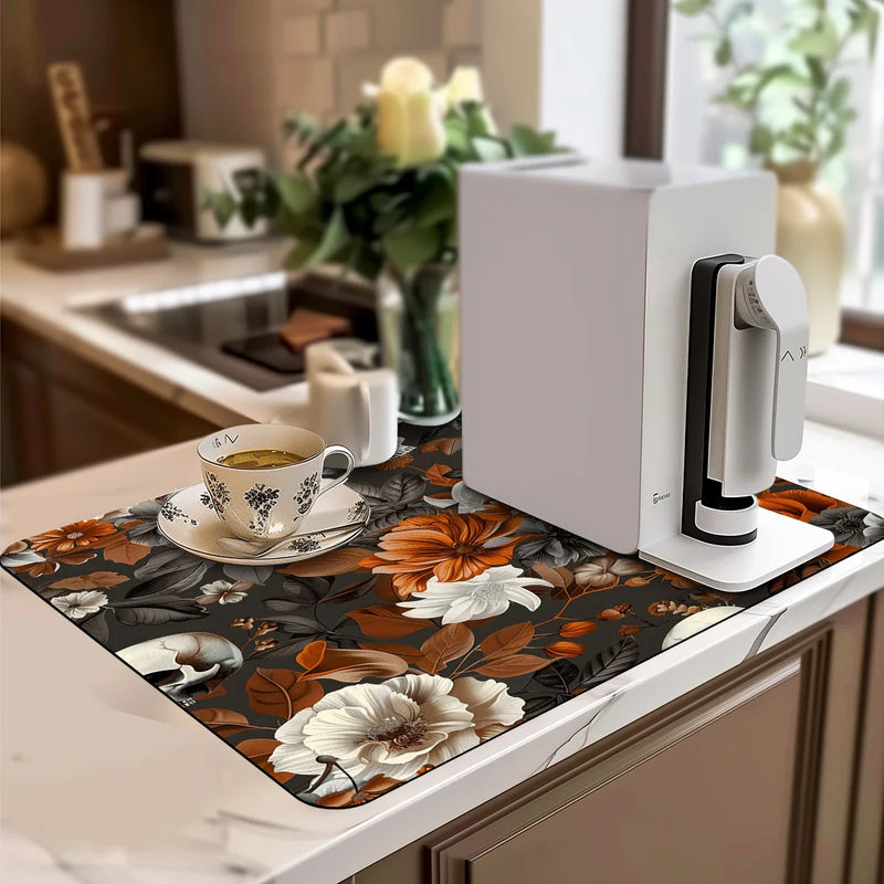 Axyaa Halloween Flower Skull Drying Mat: Non-Slip Absorbent Kitchen Placemat