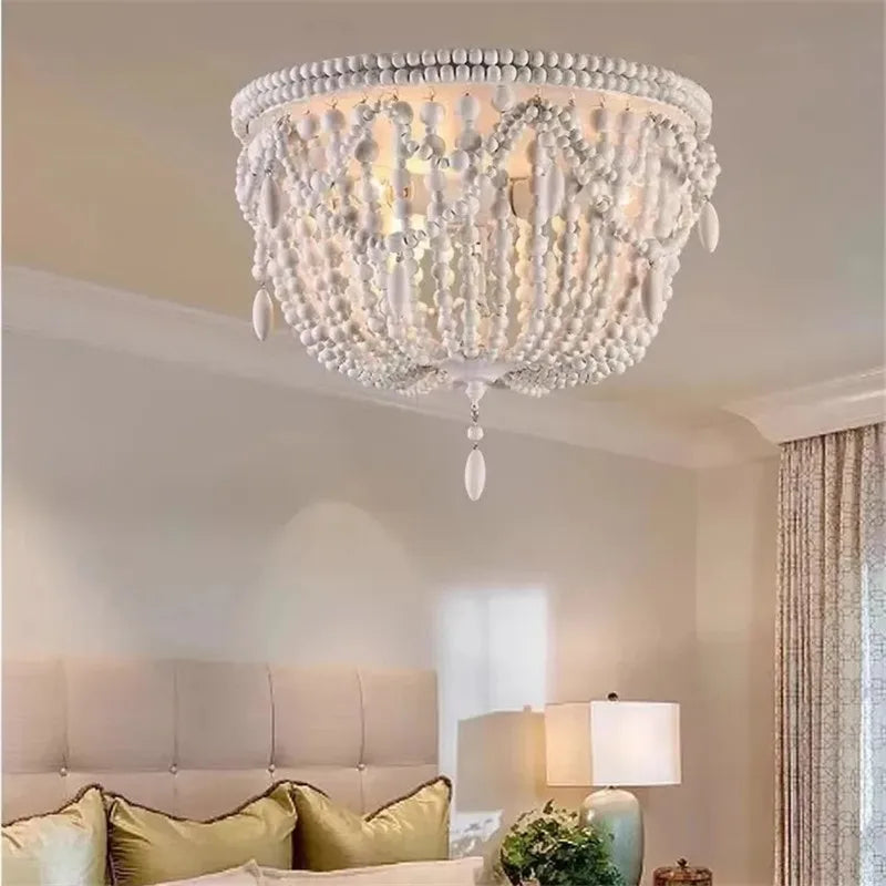 Axyaa Rustic Wood Bead Chandelier LED Round Dining Lamp Boho Bedroom Ceiling Light