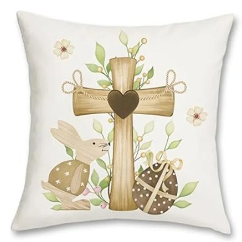 Easter Rabbit & Cross Egg Print Pillow Cover for Farmhouse Decor by Axyaa