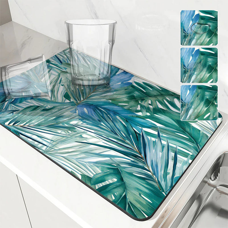 Axyaa Tropical Plants Watercolor Drying Mat: Non-Slip Absorbent Kitchen Counter Mat