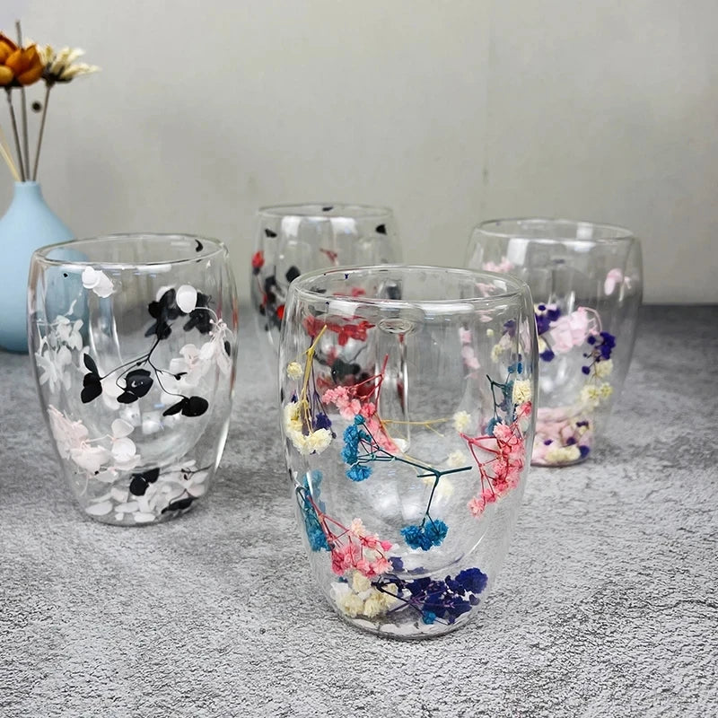 Axya 350ml Double Wall Glass Cup with Artificial Flower Filler.
