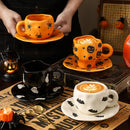 Axyaa Halloween Ceramic Cups and Saucers Set, Personalized Pumpkin Bat Design Mug
