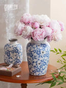 Axyaa Blue and White Peony Ceramic Vase for Living Room Decoration