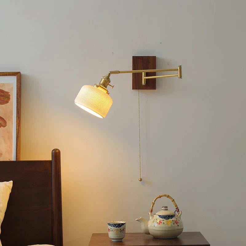 Axyaa Walnut Ceramic LED Wall Lamp with Copper Arm, Rotate, Pull Chain Switch