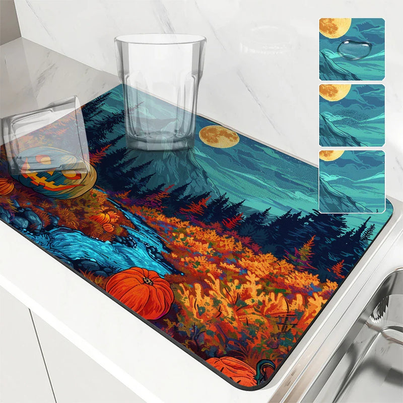 Axyaa Halloween Forest Moon Mountain Drying Mat