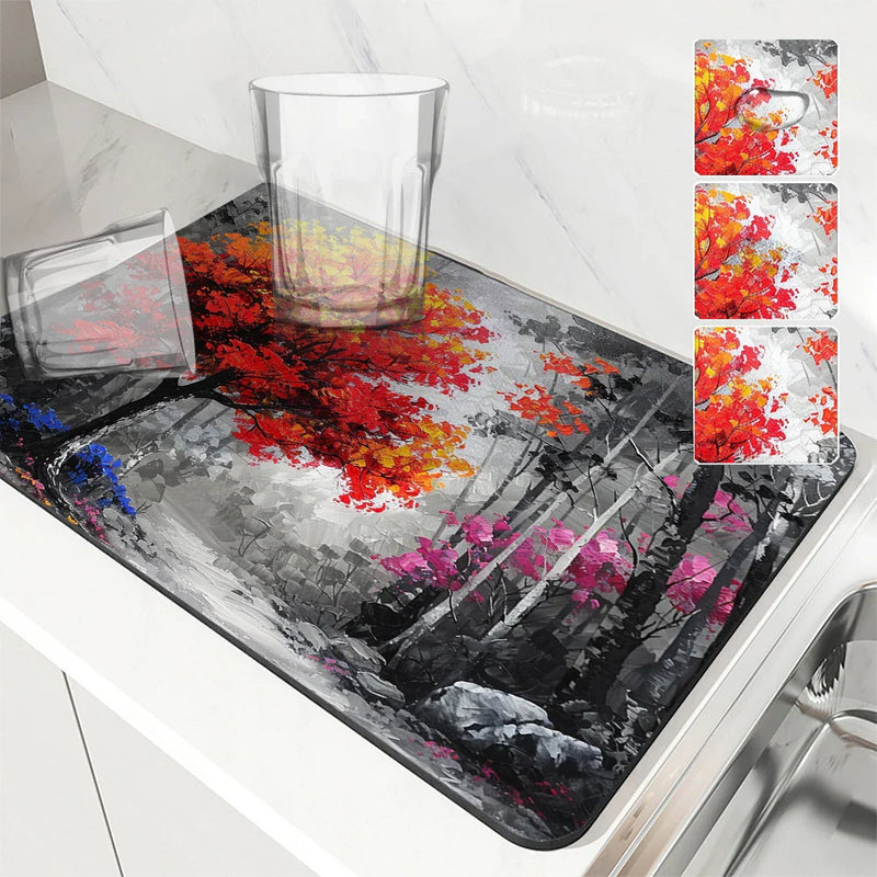Axyaa Autumn Scenery Drain Pad: Absorbent & Anti-slip Dry Mat for Dishes & Cups