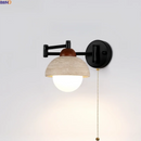 Axyaa Yellow Travertine Interior LED Wall Light with Black Iron Arm Glass, Modern Nordic Bedside Lamp
