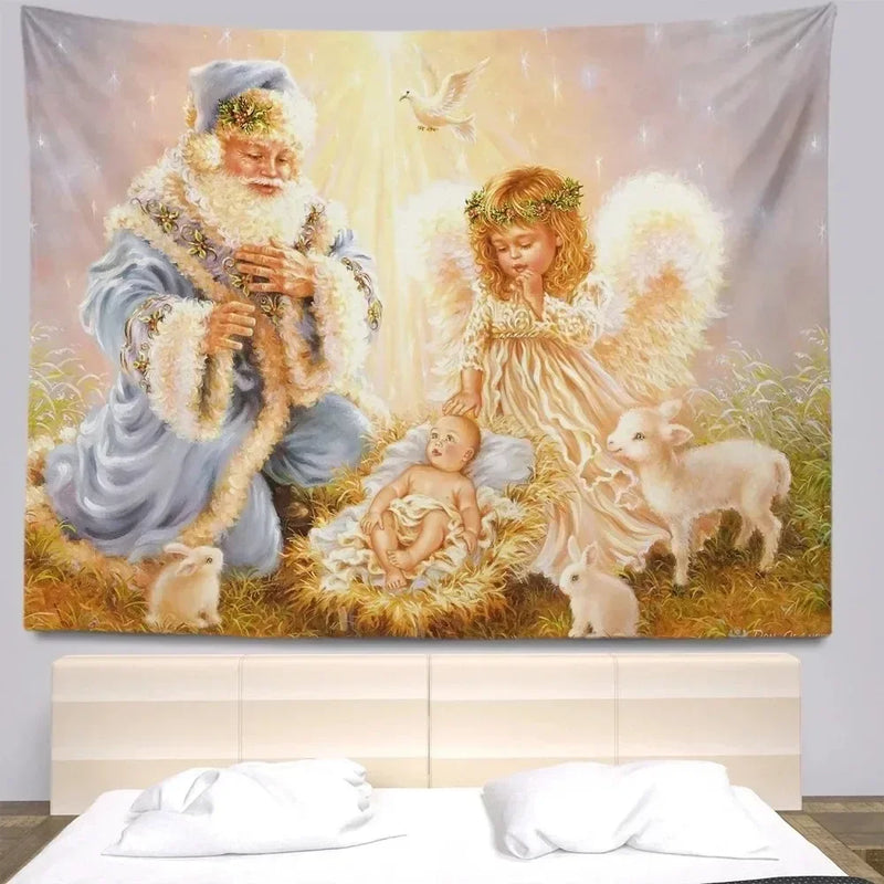 Axyaa Santa Claus and Kids Wall Tapestry for Festive Living Room Decor