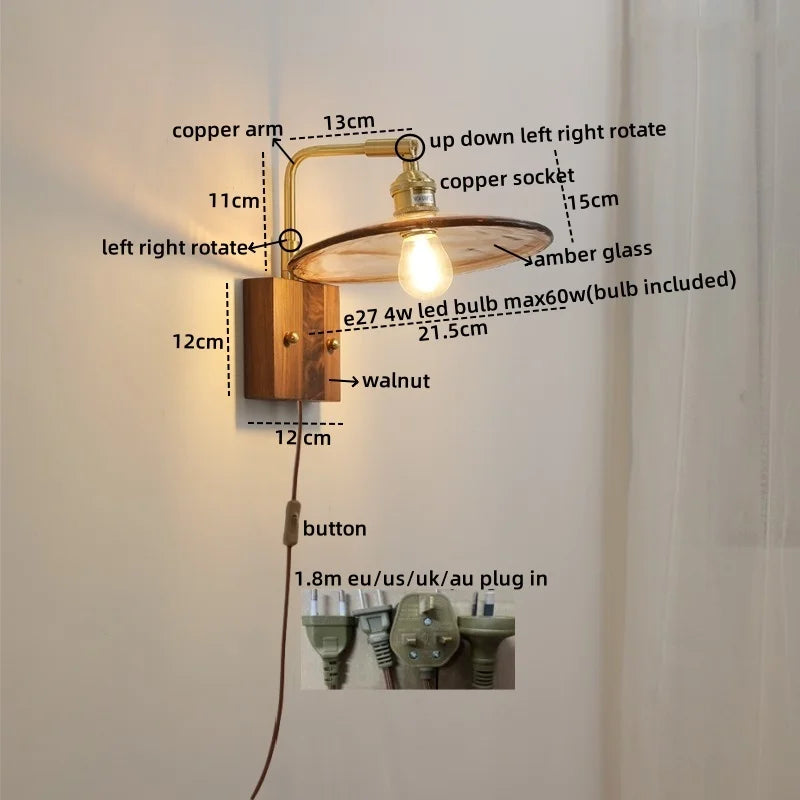 Axyaa Nordic LED Wall Lamps Walnut Glass Stair Light Fixtures for Home Décor